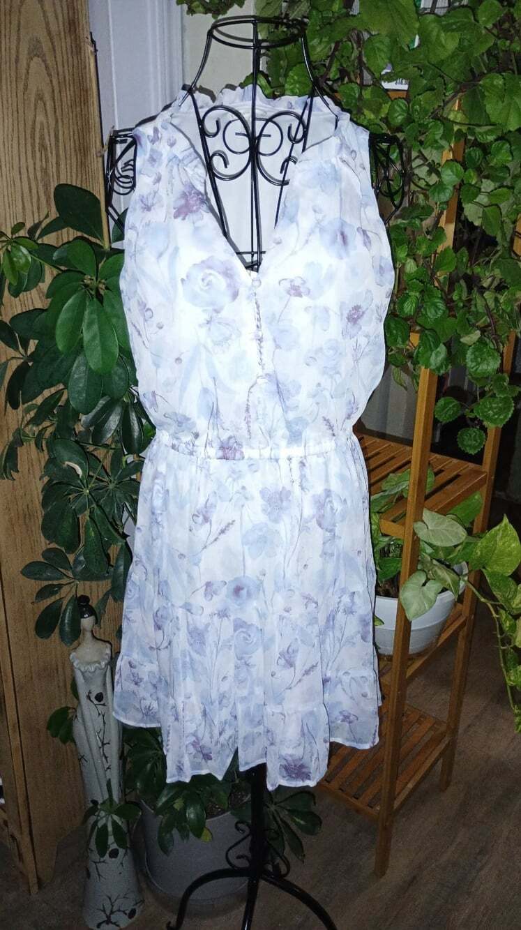 Cato Blue Floral Sleeveless Tiered Mini Dress Women's Large Ruffle Neck Chiffon